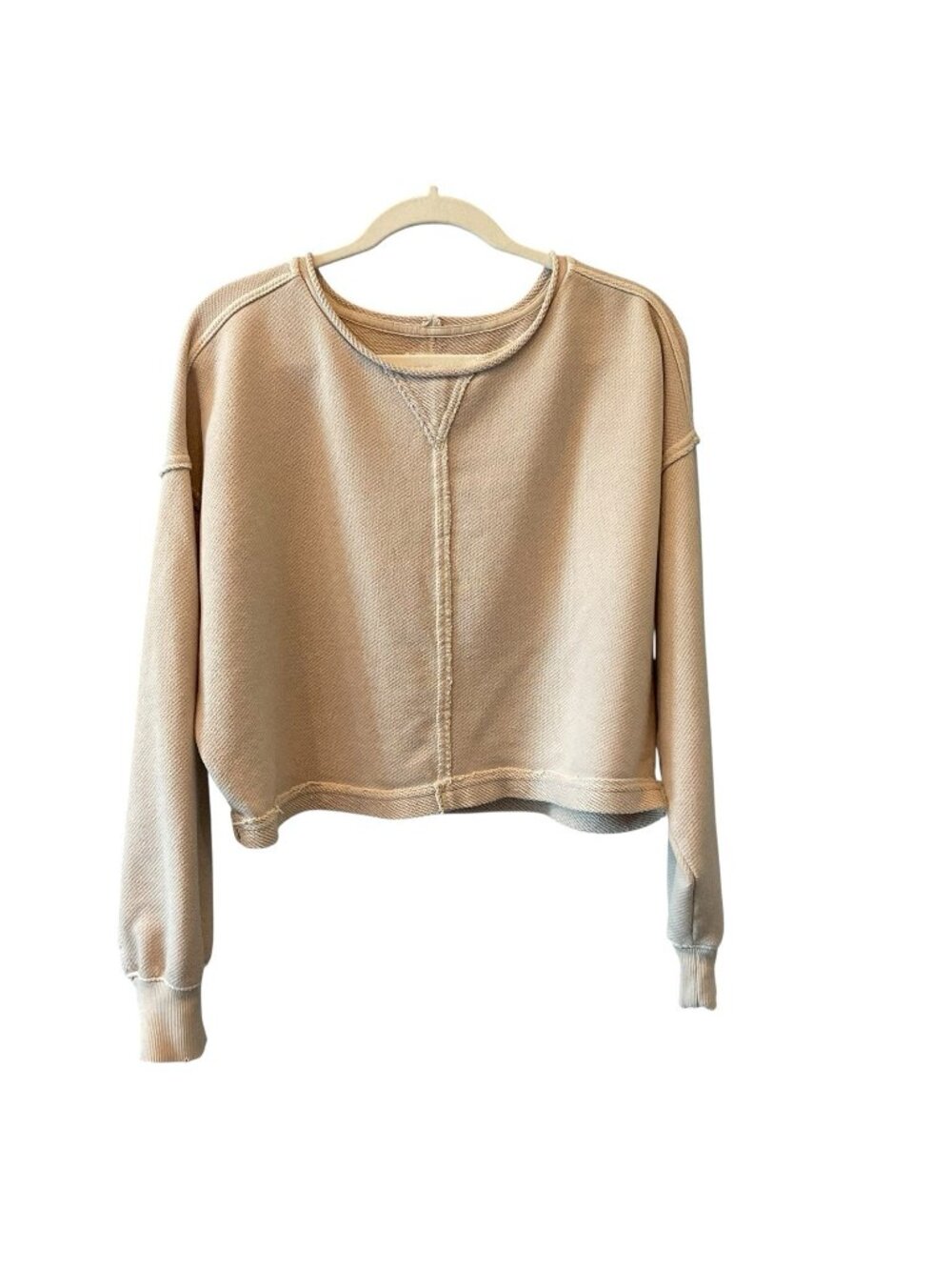 aerie Beige Cropped Crewneck Sweatshirt Sweater Womens Medium Exposed Stitch